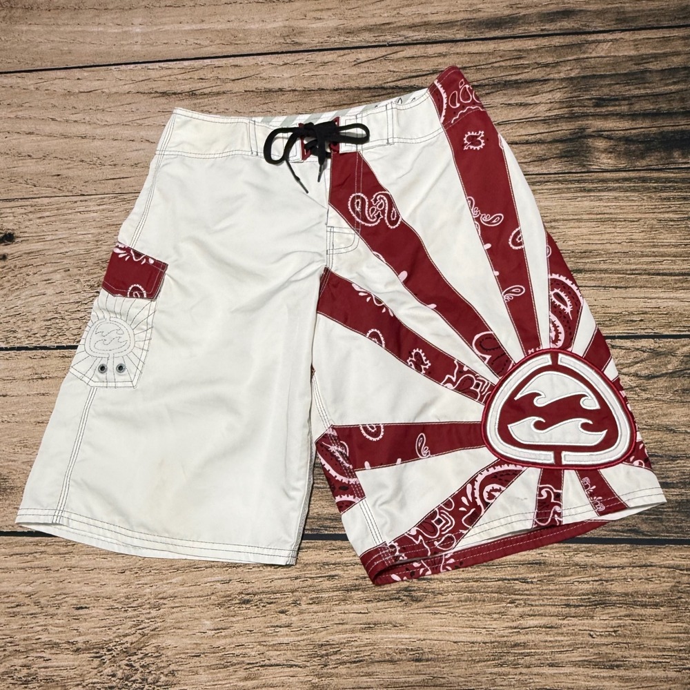 Billabong Board Shorts Mens 32 White Red Andy Irons Paisley Rising Sun Surf VTG
